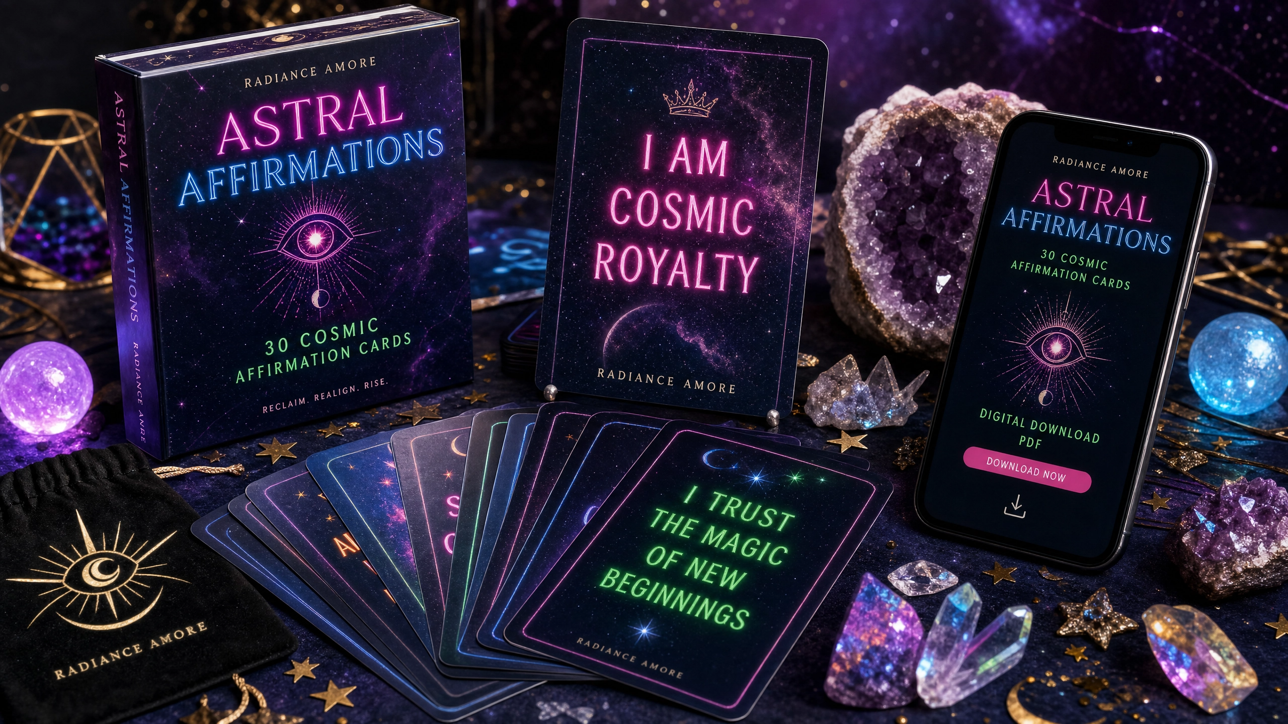 Astral Affirmations — 30 Cosmic Affirmation Cards | Printable Digital Download | Radiance Amore